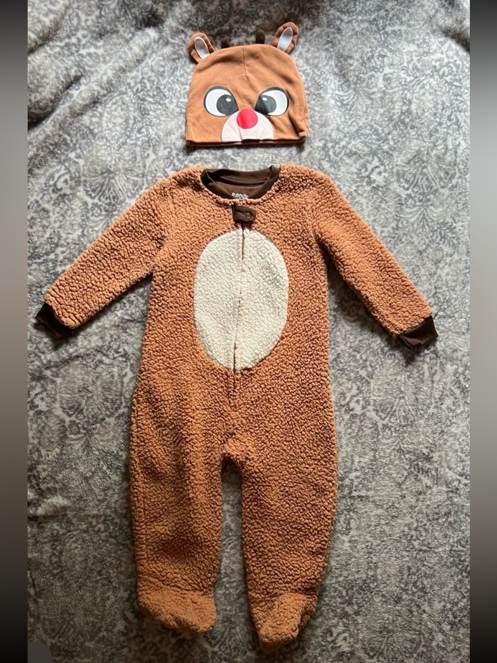 Toddler Fuzzy Rudolph the Reindeer One-Piece with Matching Hat